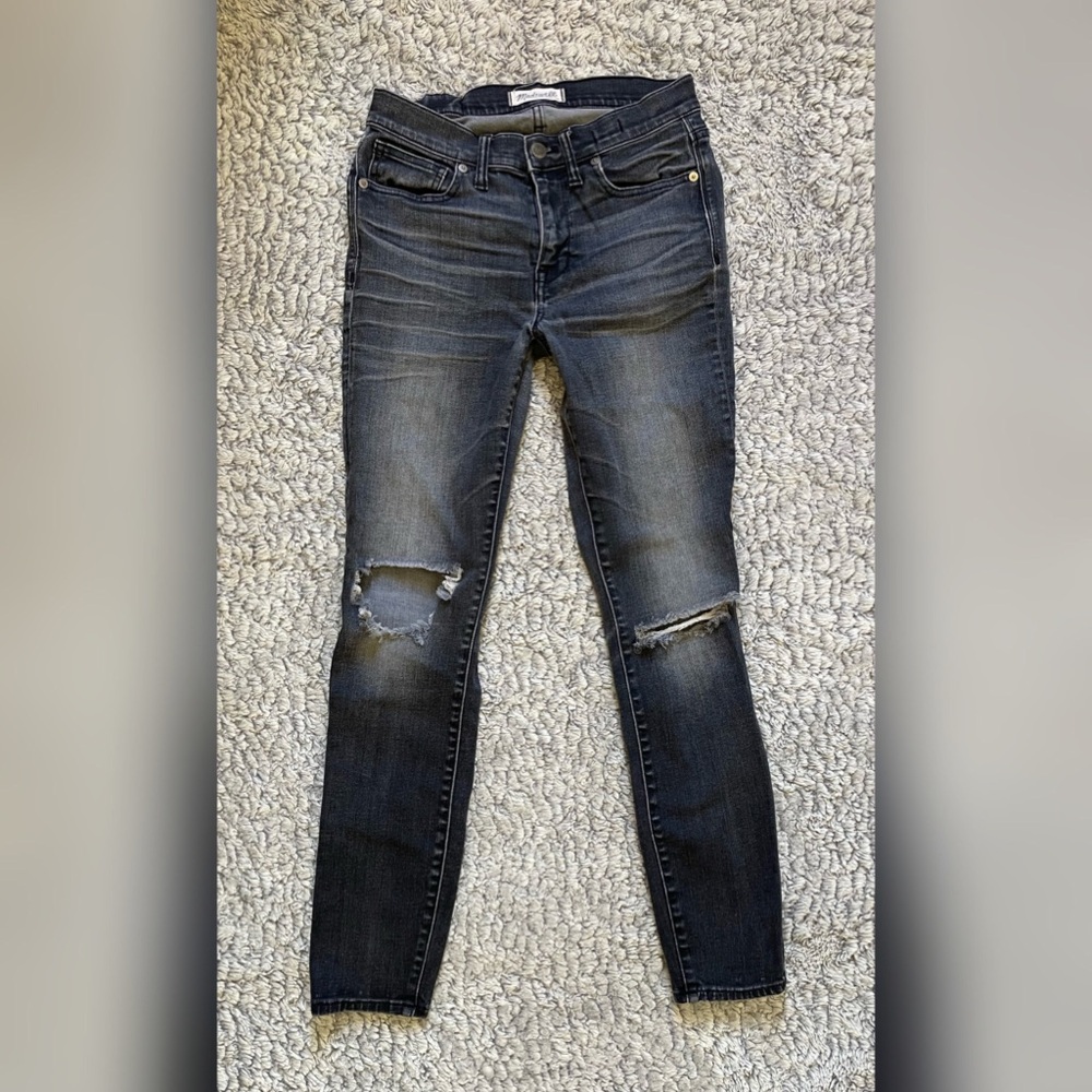 Madewell Gray High Riser Skinny Jeans with Distressed Details